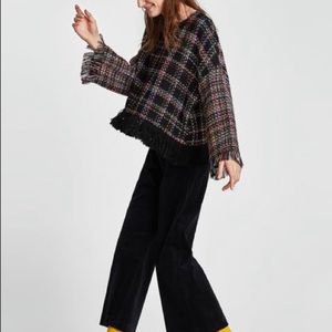 NWT Zara Black Knit Fringe Tweed Top